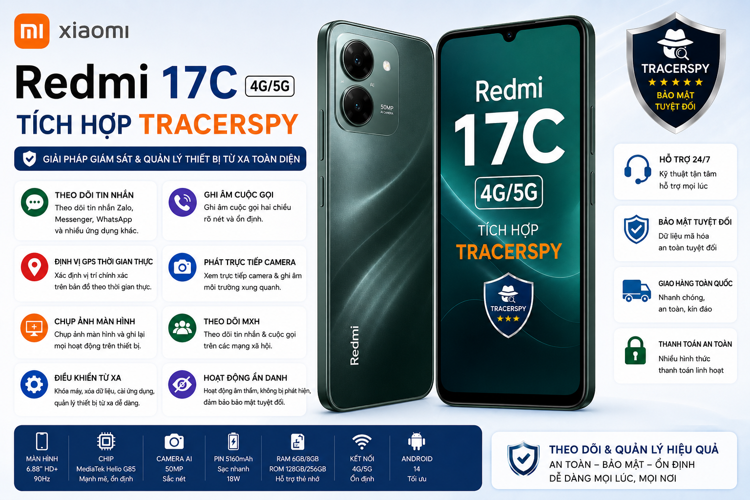 Redmi 17C tích hợp TracerSpy hỗ trợ theo dõi GPS, cuộc gọi, tin nhắn, camera trực tiếp và điều khiển thiết bị từ xa.