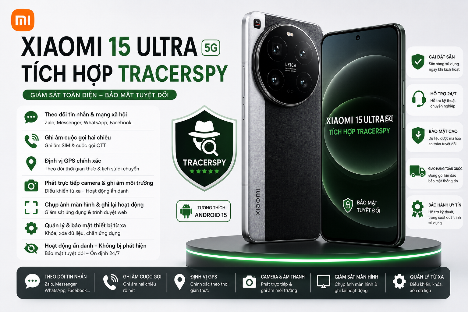 Xiaomi 15 Ultra 5G tích hợp TracerSpy hỗ trợ theo dõi GPS, cuộc gọi, tin nhắn và điều khiển thiết bị từ xa.