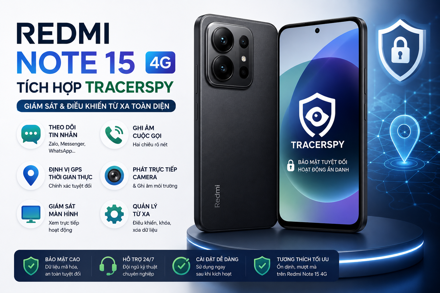 Redmi Note 15 4G tích hợp TracerSpy hỗ trợ theo dõi GPS, cuộc gọi, tin nhắn và điều khiển thiết bị từ xa.
