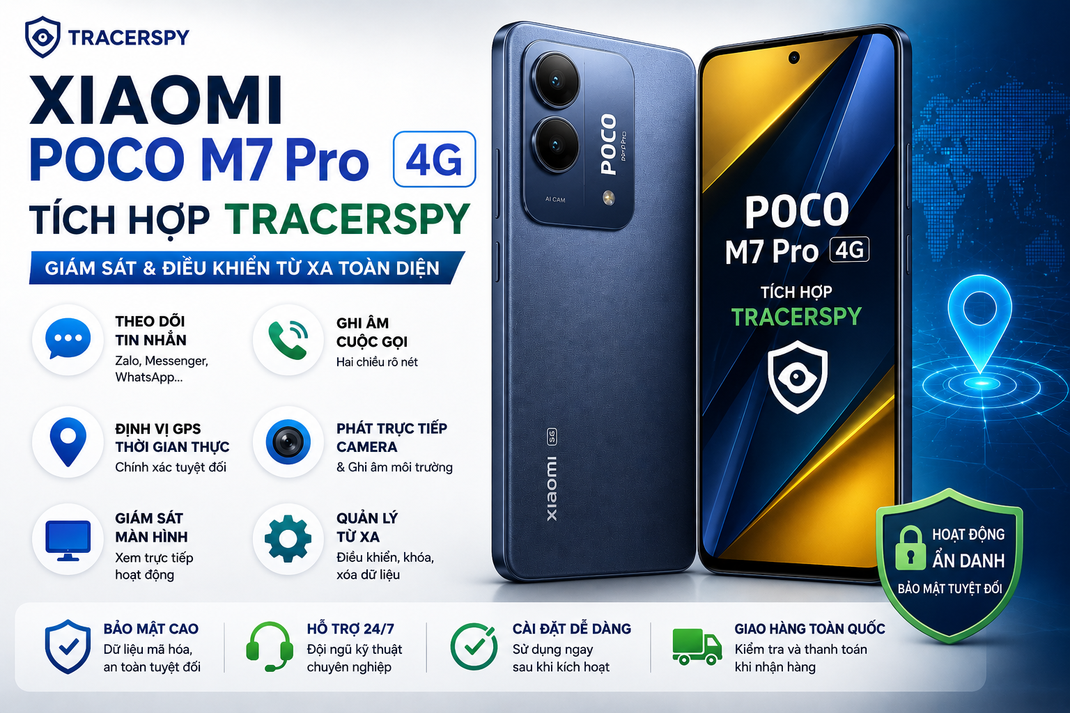 Xiaomi POCO M7 Pro tích hợp TracerSpy hỗ trợ theo dõi GPS, cuộc gọi, tin nhắn và điều khiển thiết bị từ xa.