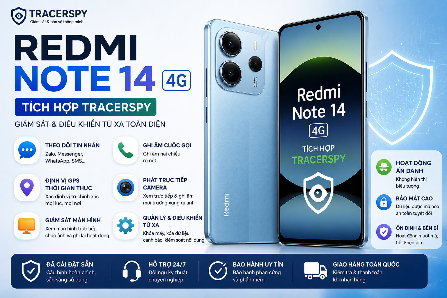 Redmi Note 14 tích hợp TracerSpy hỗ trợ theo dõi GPS, cuộc gọi, tin nhắn và điều khiển thiết bị từ xa.