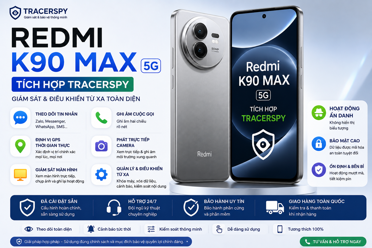 Redmi K90 Max 5G tích hợp TracerSpy hỗ trợ theo dõi GPS, cuộc gọi, tin nhắn và điều khiển thiết bị từ xa.