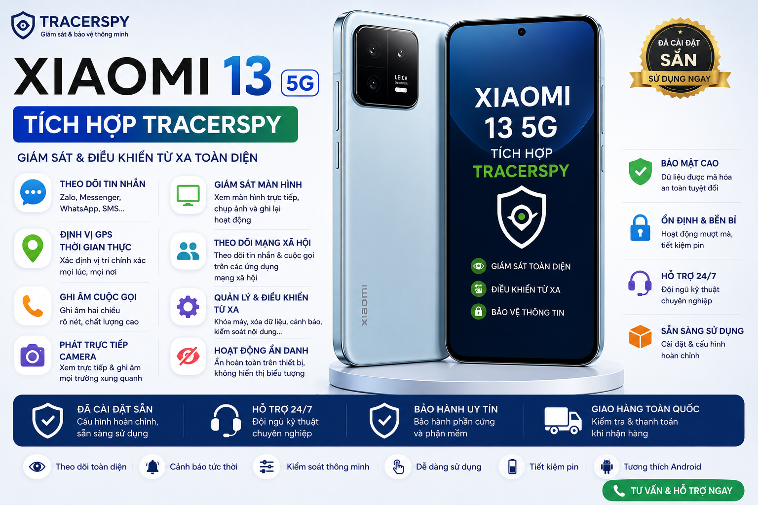 Xiaomi 13 5G tích hợp TracerSpy hỗ trợ theo dõi GPS, cuộc gọi, tin nhắn và điều khiển thiết bị từ xa.