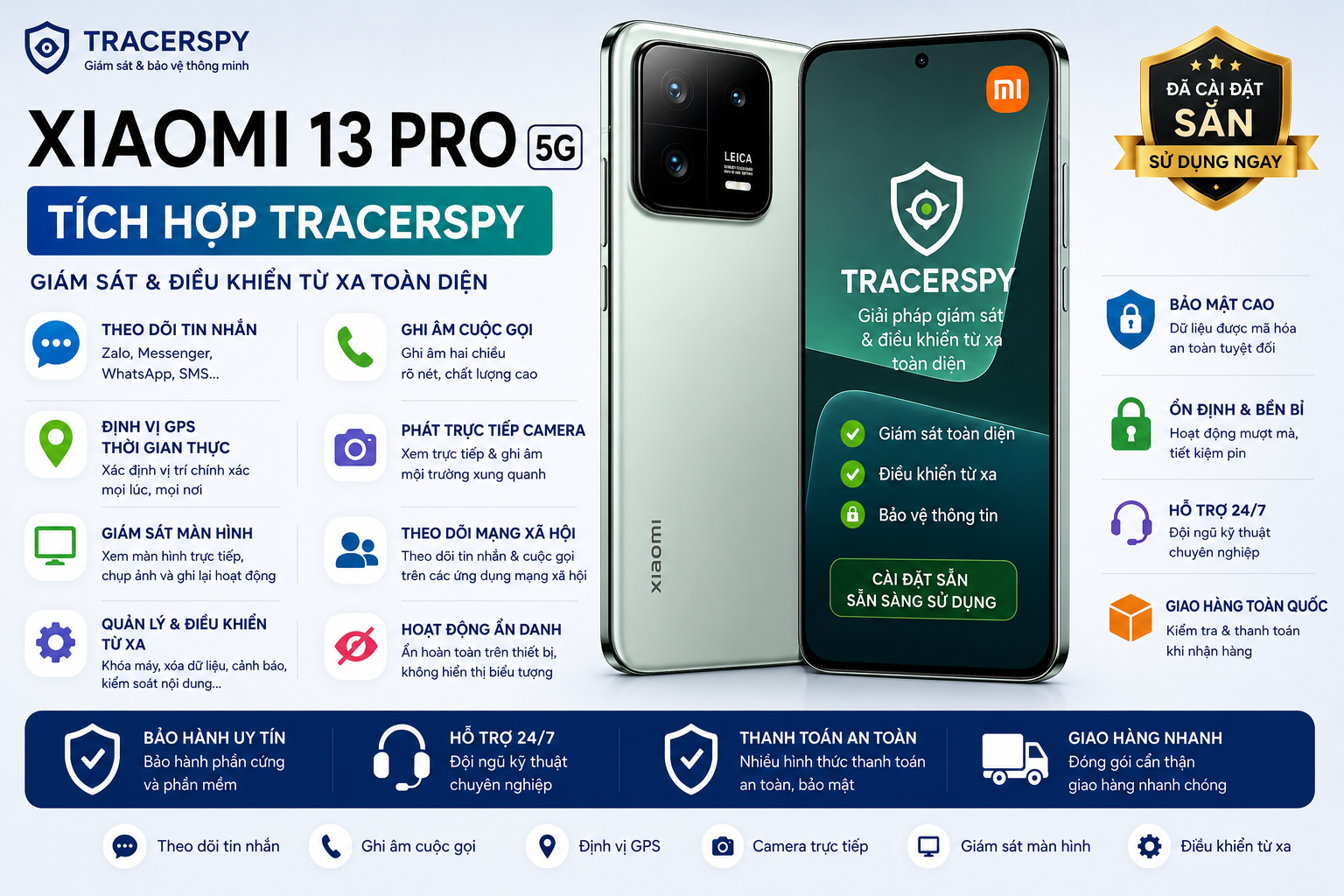 Xiaomi 13 Pro tích hợp TracerSpy hỗ trợ theo dõi GPS, cuộc gọi, tin nhắn và điều khiển thiết bị từ xa.