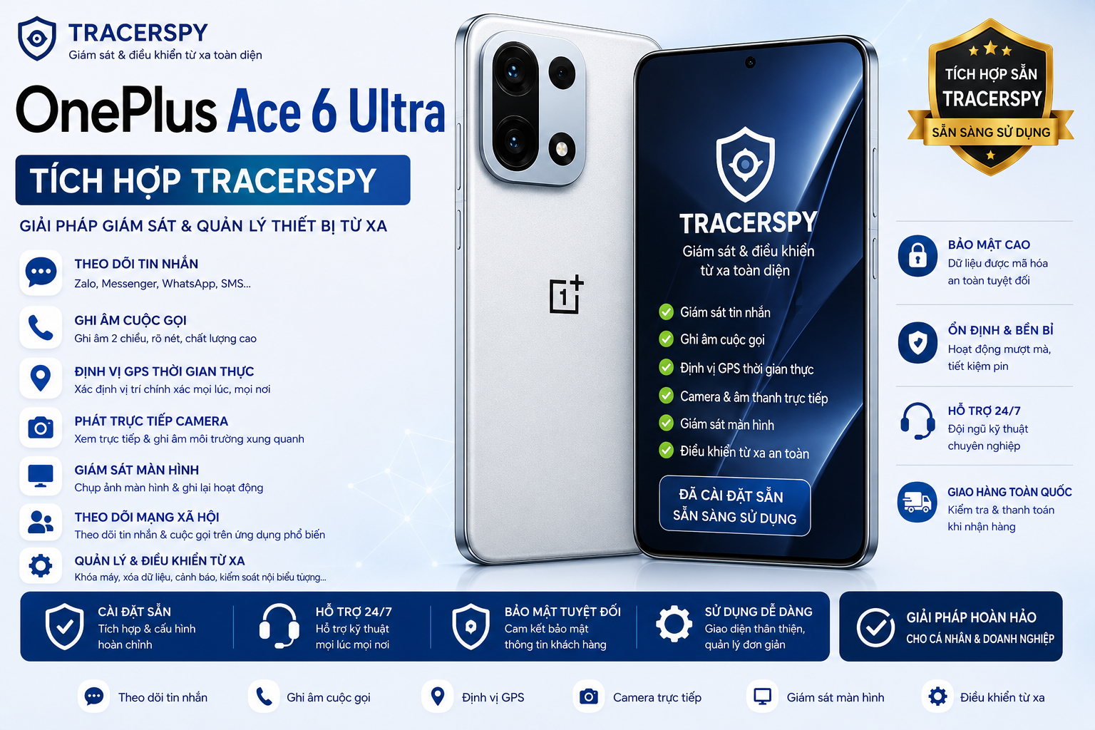 OnePlus Ace 6 Ultra tích hợp TracerSpy hỗ trợ theo dõi GPS, cuộc gọi, tin nhắn và điều khiển thiết bị từ xa.