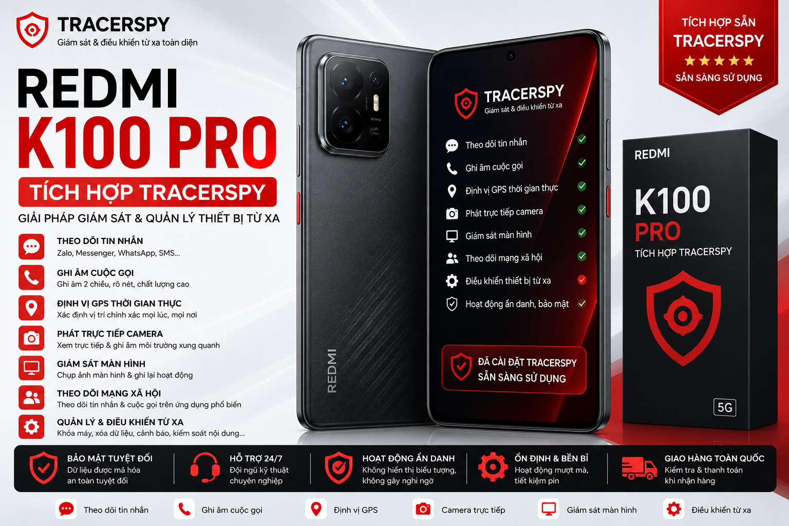 Redmi K100 Pro tích hợp TracerSpy hỗ trợ theo dõi GPS, cuộc gọi, tin nhắn và điều khiển thiết bị từ xa.