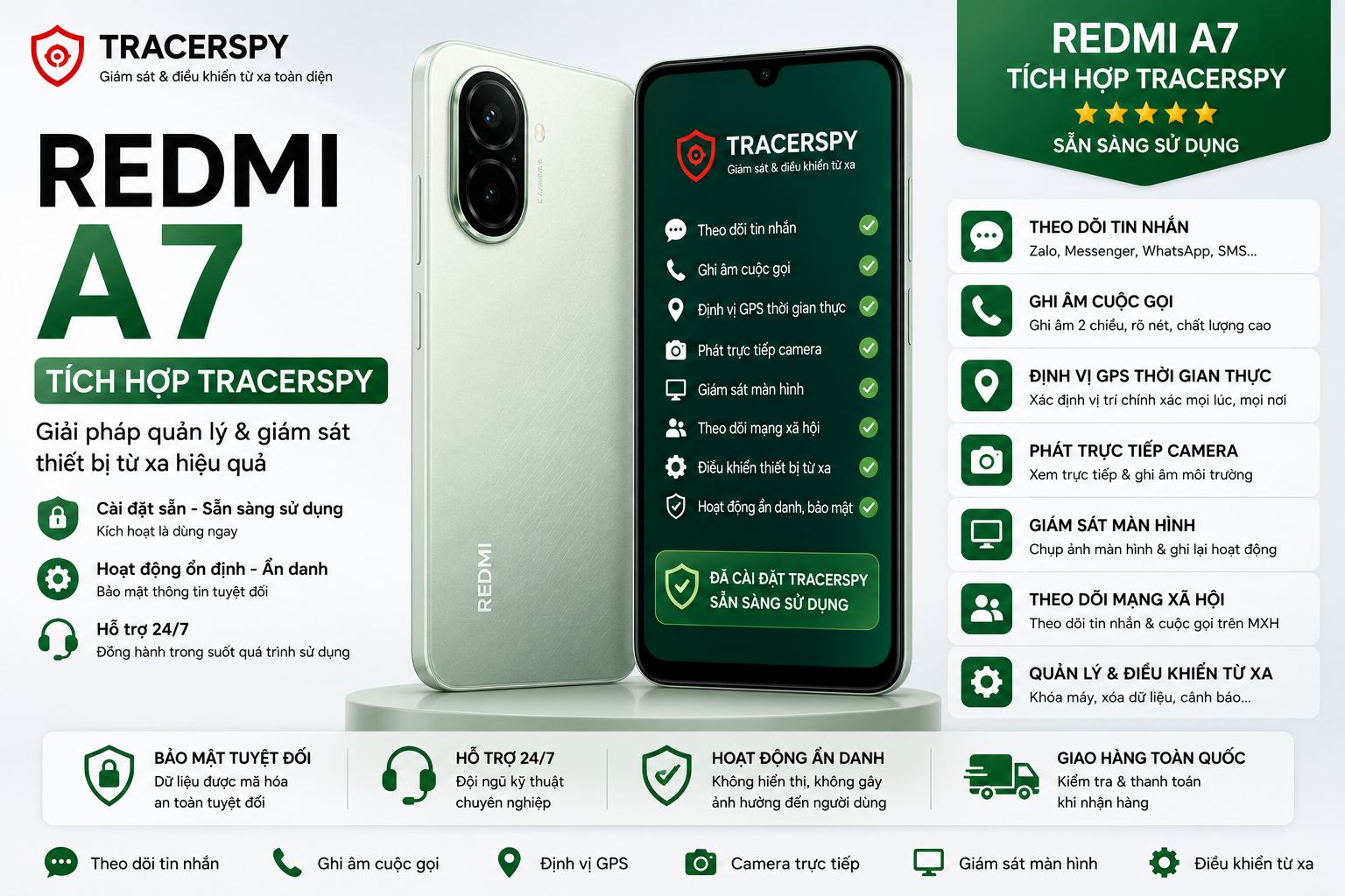 Redmi A7 tích hợp TracerSpy hỗ trợ theo dõi GPS, cuộc gọi, tin nhắn và điều khiển thiết bị từ xa.