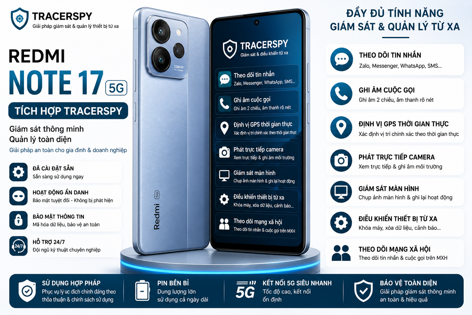 Redmi Note 17 5G tích hợp TracerSpy hỗ trợ theo dõi GPS, cuộc gọi, tin nhắn và điều khiển thiết bị từ xa.