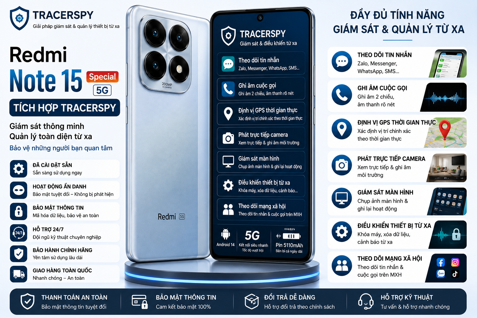 Redmi Note 15 Special tích hợp TracerSpy hỗ trợ theo dõi GPS, cuộc gọi, tin nhắn và điều khiển thiết bị từ xa.