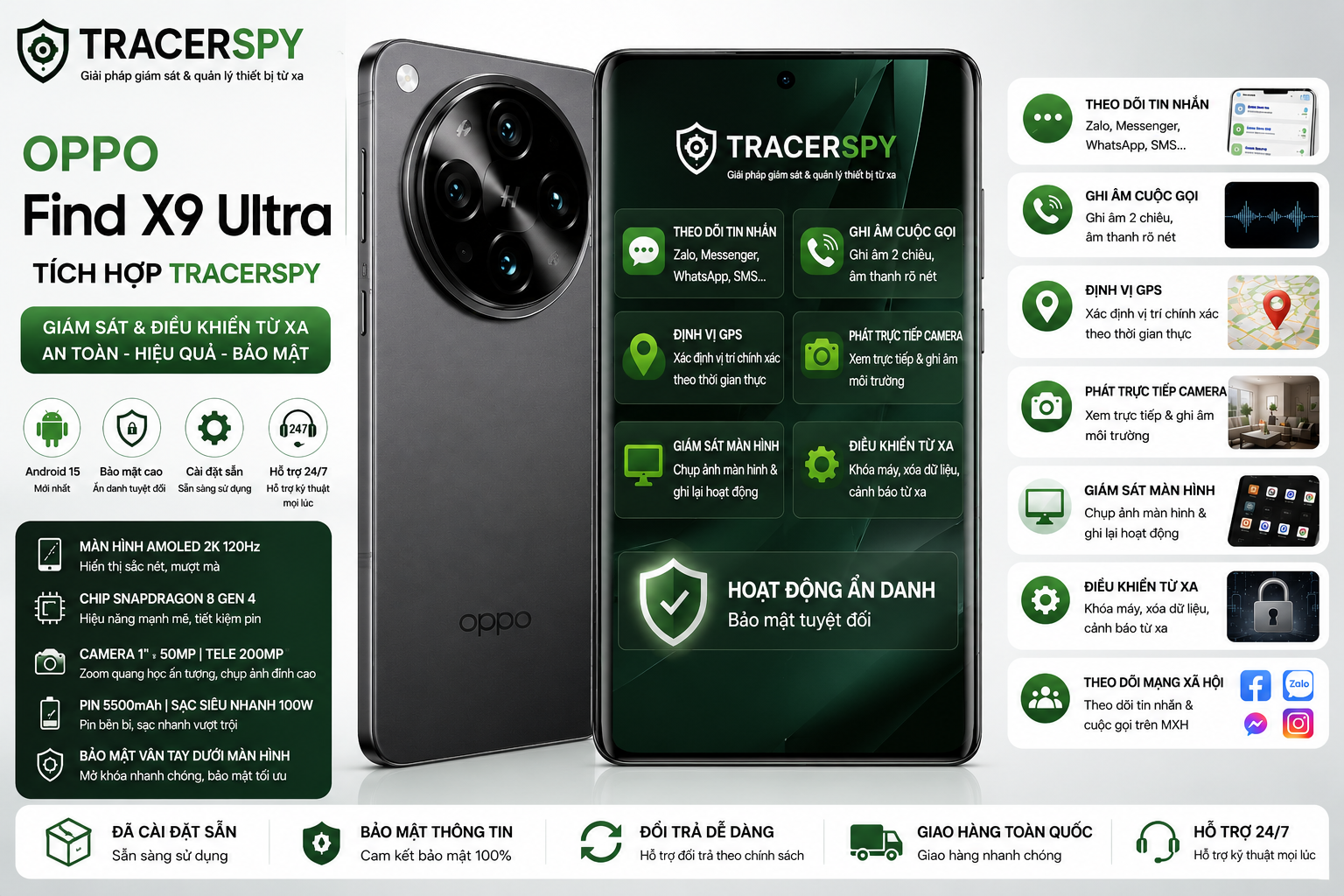OPPO Find X9 Ultra tích hợp TracerSpy hỗ trợ theo dõi GPS, cuộc gọi, tin nhắn và điều khiển thiết bị từ xa.