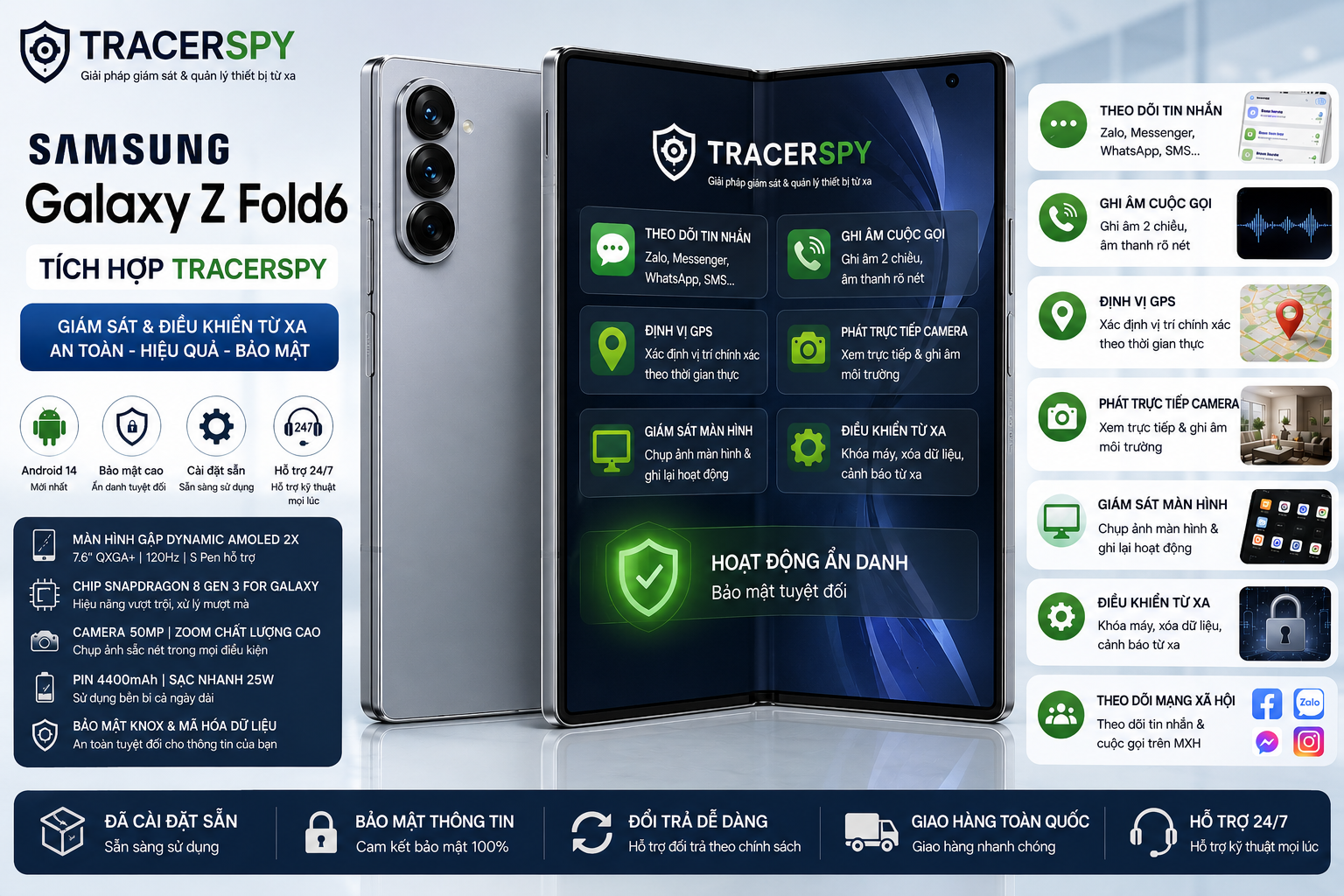 Samsung Galaxy Z Fold6 tích hợp TracerSpy hỗ trợ theo dõi GPS, cuộc gọi, tin nhắn và điều khiển thiết bị từ xa