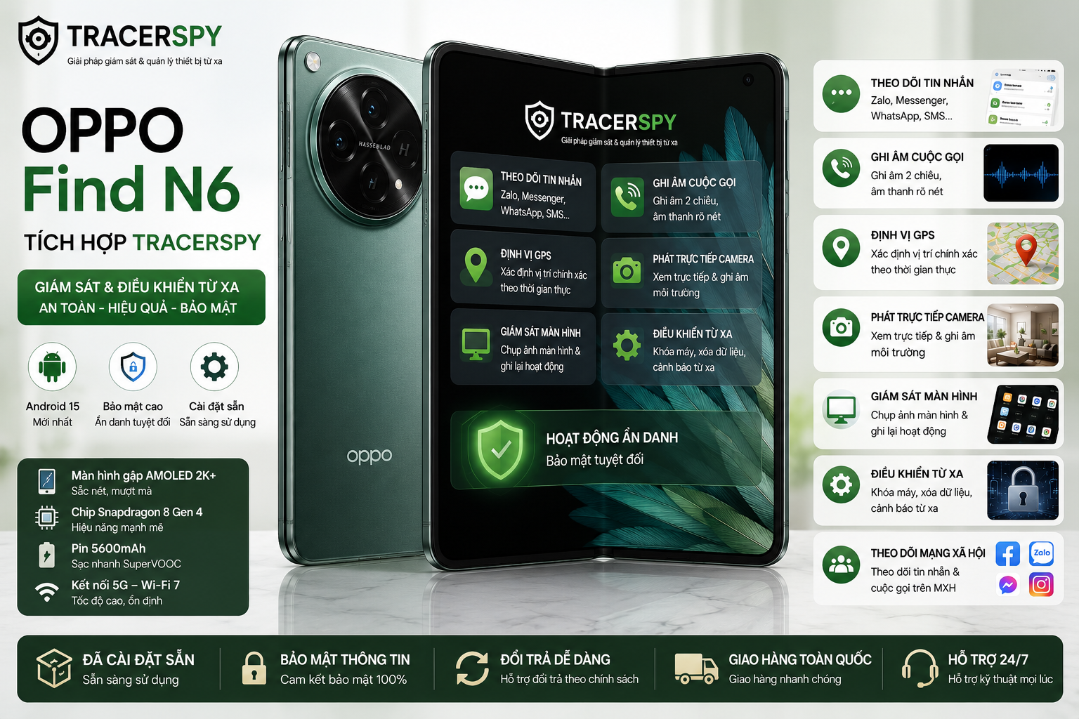 OPPO Find N6 tích hợp TracerSpy hỗ trợ theo dõi GPS, cuộc gọi, tin nhắn và điều khiển thiết bị từ xa.