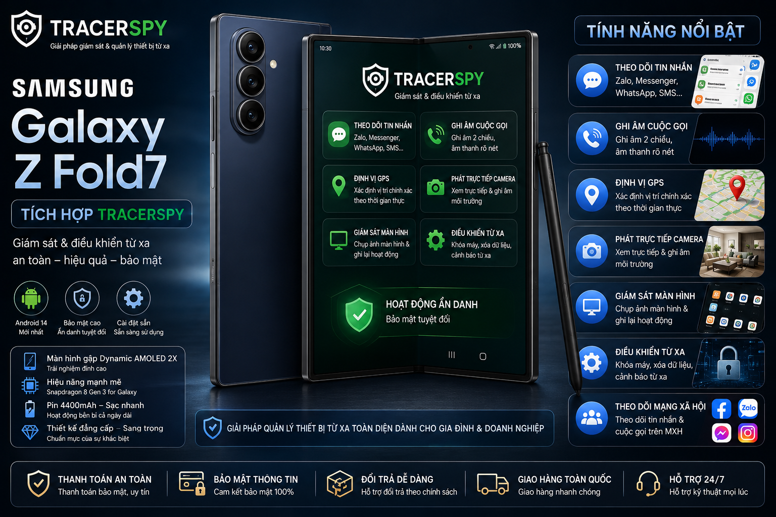 Samsung Galaxy Z Fold7 tích hợp TracerSpy hỗ trợ theo dõi GPS, cuộc gọi, tin nhắn và điều khiển thiết bị từ xa.