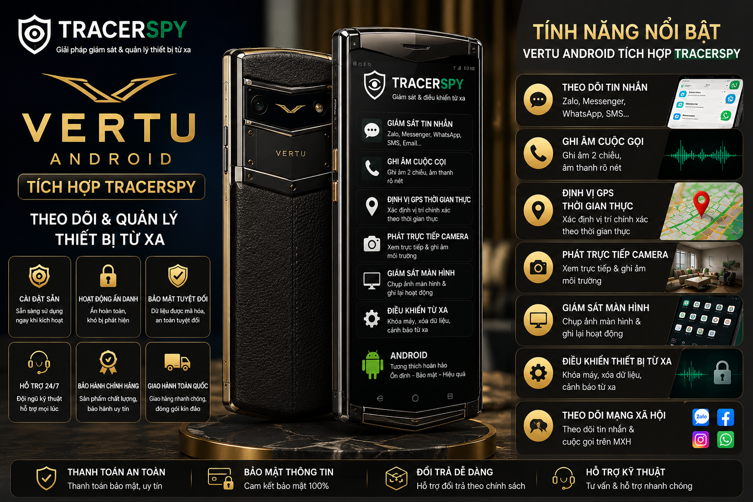 Vertu Android tích hợp TracerSpy hỗ trợ theo dõi GPS, cuộc gọi, tin nhắn và điều khiển thiết bị từ xa.