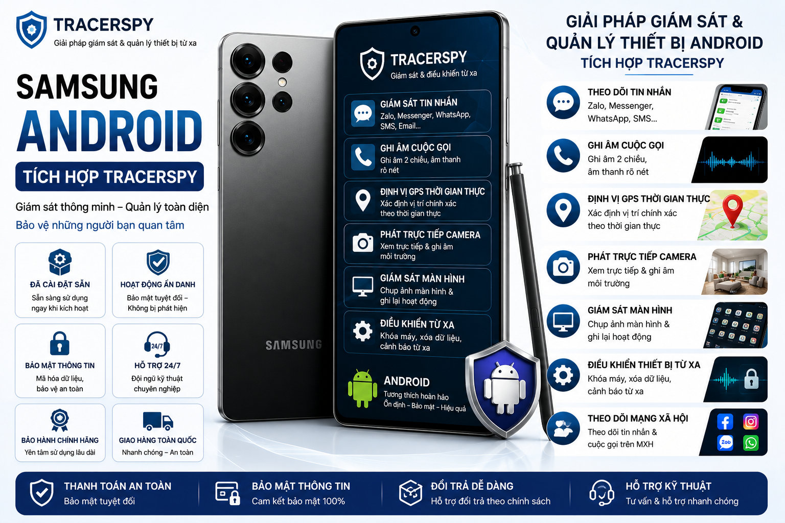 Samsung Android tích hợp TracerSpy hỗ trợ theo dõi GPS, cuộc gọi, tin nhắn và điều khiển thiết bị từ xa.