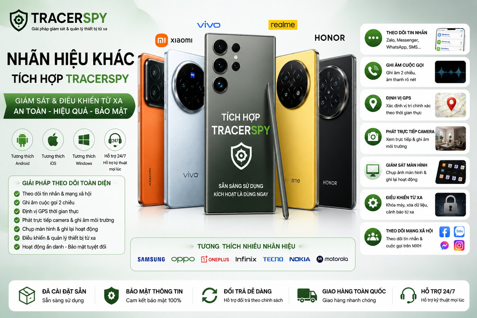 Điện thoại nhãn hiệu khác tích hợp TracerSpy hỗ trợ theo dõi GPS, cuộc gọi, tin nhắn và điều khiển thiết bị từ xa.