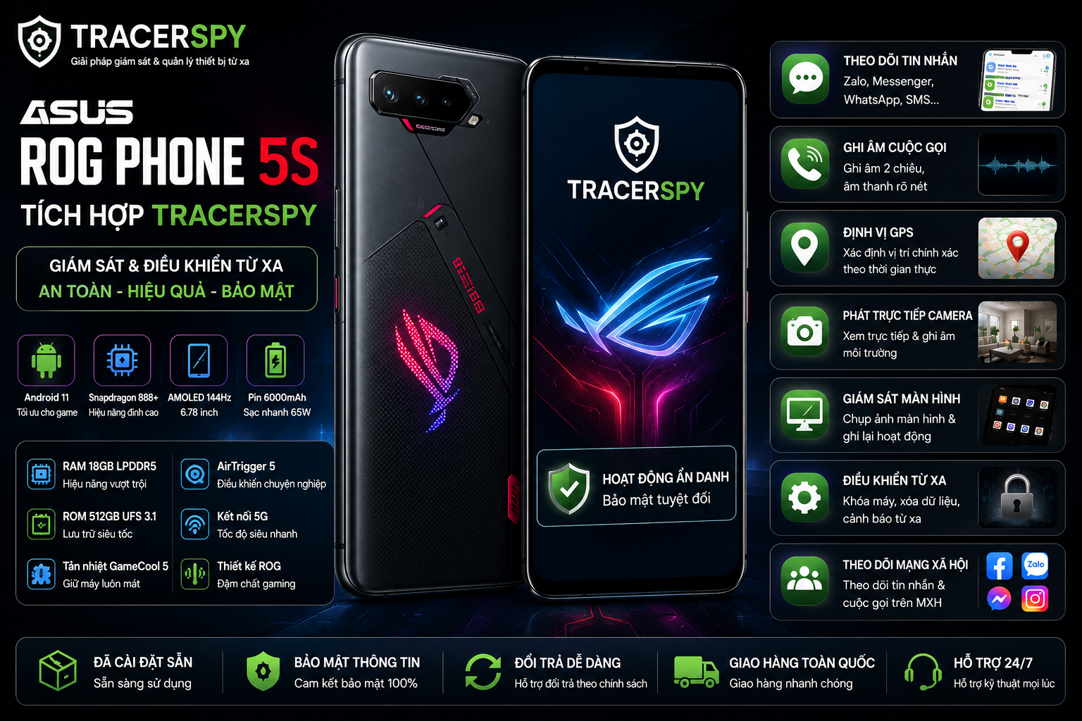ASUS ROG Phone 5S tích hợp TracerSpy hỗ trợ theo dõi GPS, cuộc gọi, tin nhắn và điều khiển thiết bị từ xa.