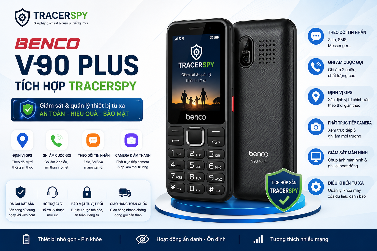 Benco V90 Plus tích hợp TracerSpy hỗ trợ theo dõi GPS, cuộc gọi, tin nhắn và điều khiển thiết bị từ xa.