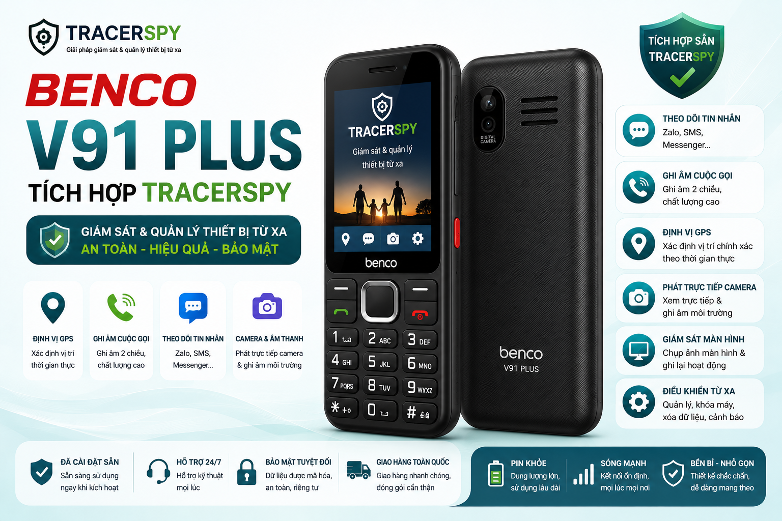 Benco V91 Plus tích hợp TracerSpy hỗ trợ theo dõi GPS, cuộc gọi, tin nhắn và điều khiển thiết bị từ xa.