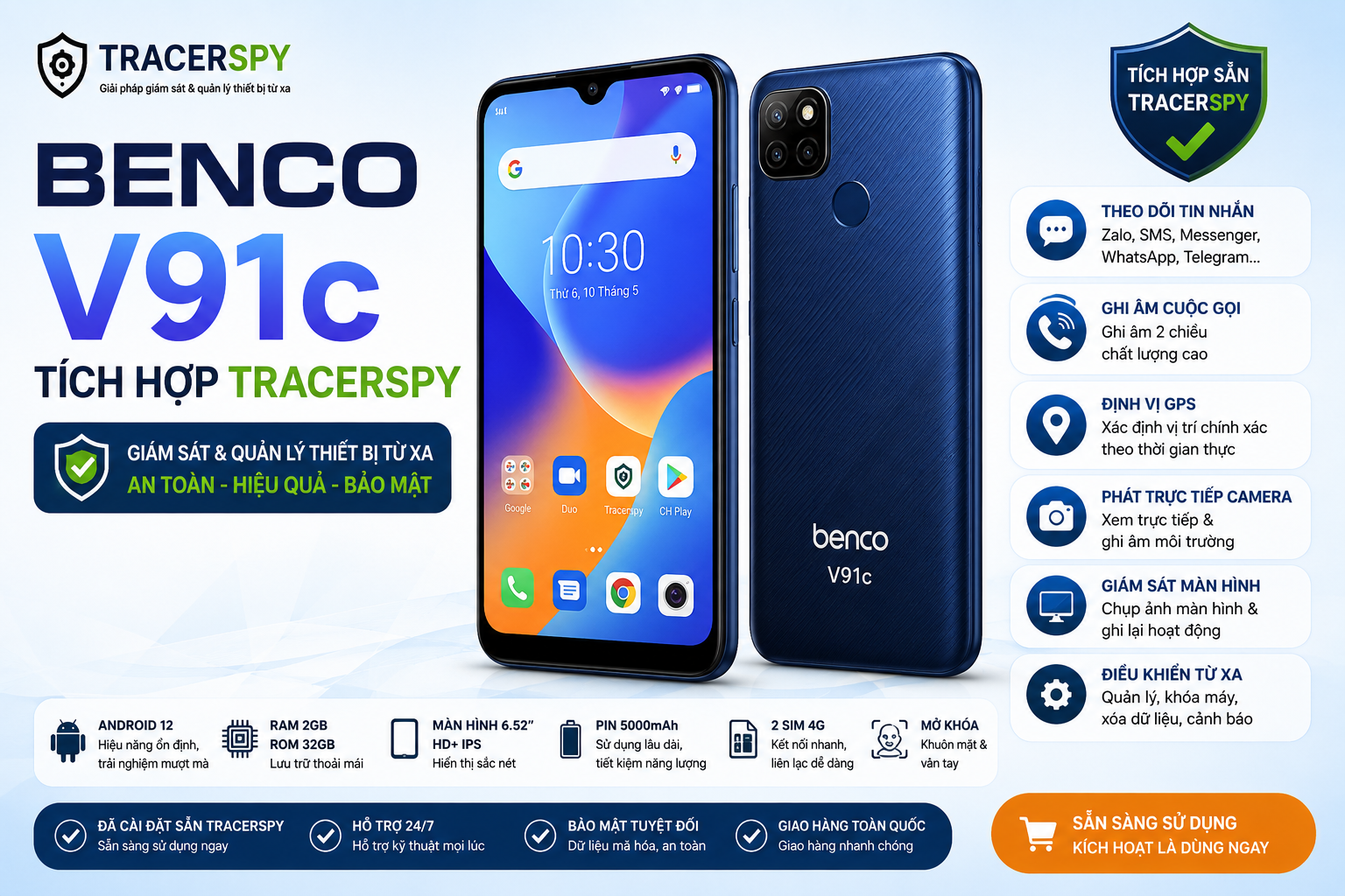 Benco V91c tích hợp TracerSpy hỗ trợ theo dõi GPS, cuộc gọi, tin nhắn và điều khiển thiết bị từ xa trên hệ điều hành Android.