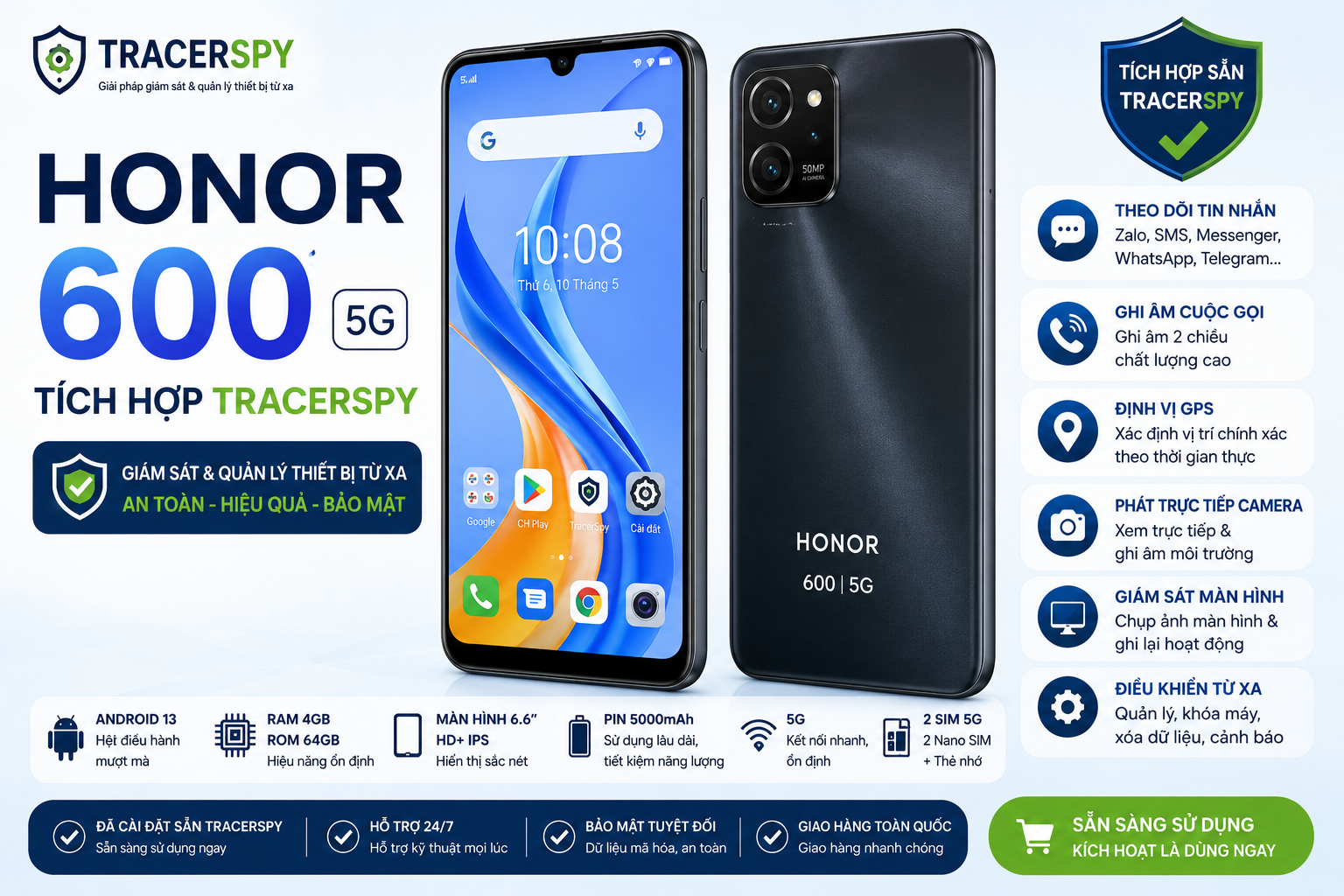 HONOR 600 5G tích hợp TracerSpy hỗ trợ theo dõi GPS, cuộc gọi, tin nhắn và điều khiển thiết bị từ xa.