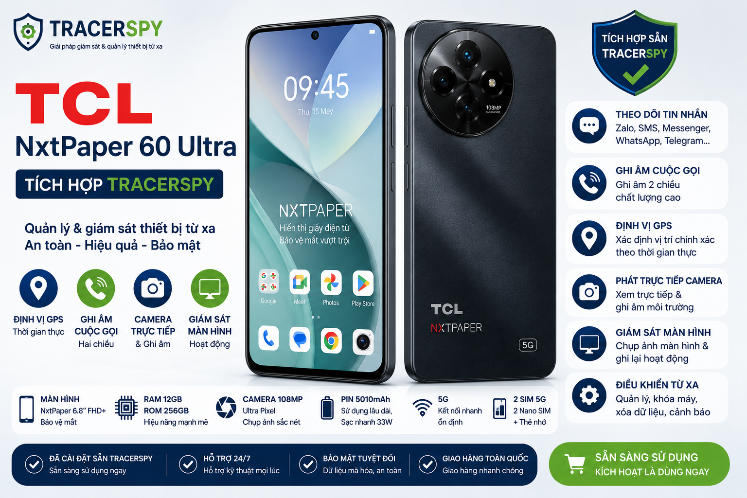 TCL NxtPaper 60 Ultra tích hợp TracerSpy hỗ trợ theo dõi GPS, cuộc gọi, tin nhắn và điều khiển thiết bị từ xa.