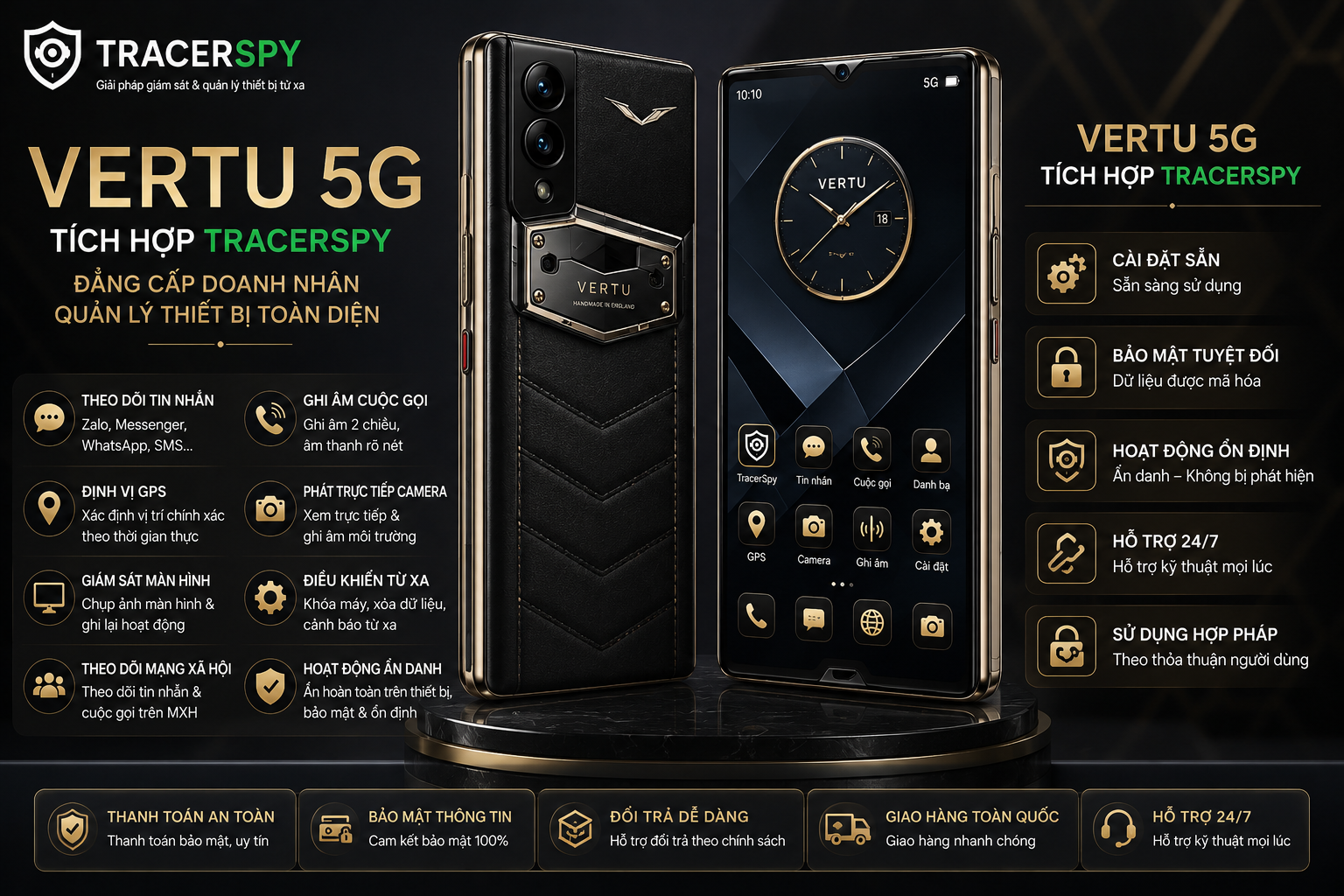 Vertu 5G tích hợp TracerSpy hỗ trợ theo dõi GPS, cuộc gọi, tin nhắn và điều khiển thiết bị từ xa.