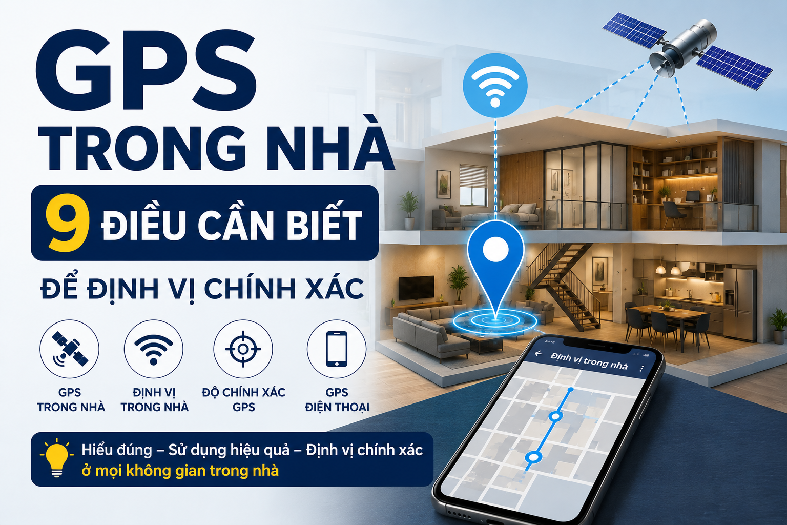 GPS trong nhà với 9 điều cần biết về định vị trong nhà, GPS điện thoại, độ chính xác GPS và GPS và định vị trong môi trường trong nhà.