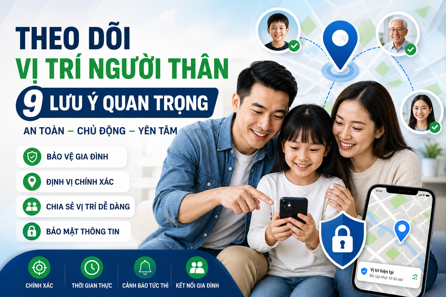 Theo dõi vị trí người thân bằng GPS giúp gia đình kết nối, chia sẻ vị trí an toàn và hỗ trợ bảo vệ trẻ em, người cao tuổi trong các tình huống cần thiết.