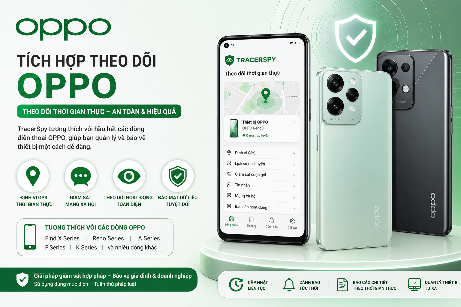 Tích hợp theo dõi OPPO bằng phần mềm TracerSpy tương thích nhiều dòng điện thoại OPPO.