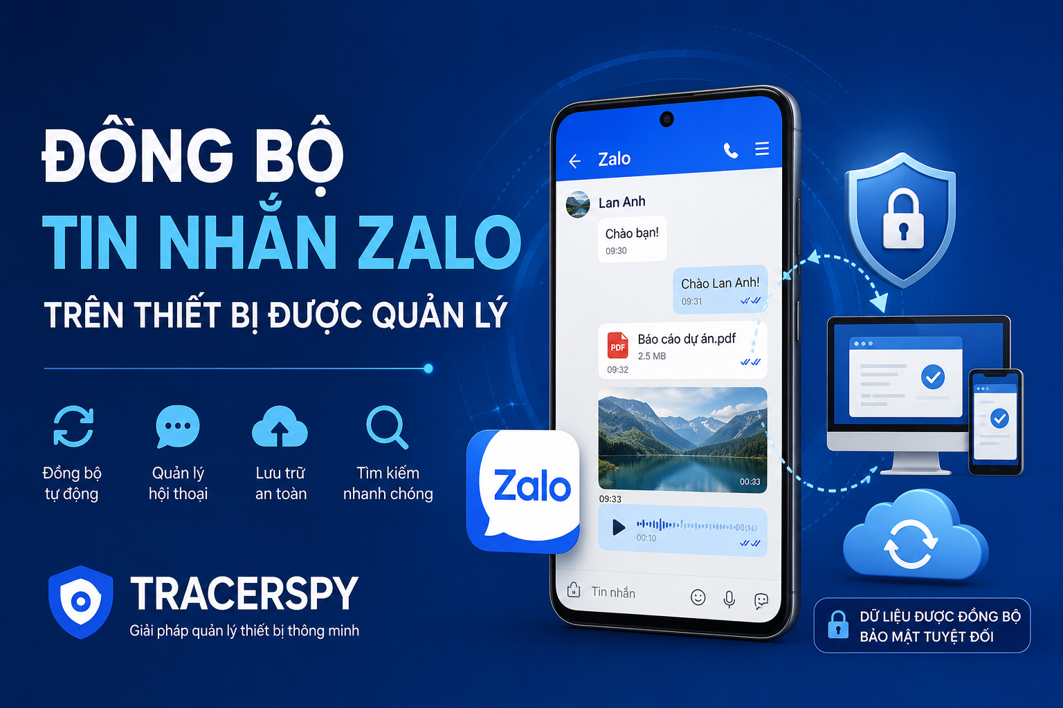 Đồng bộ tin nhắn Zalo trên thiết bị được quản lý với TracerSpy giúp quản lý dữ liệu hội thoại an toàn và hiệu quả.