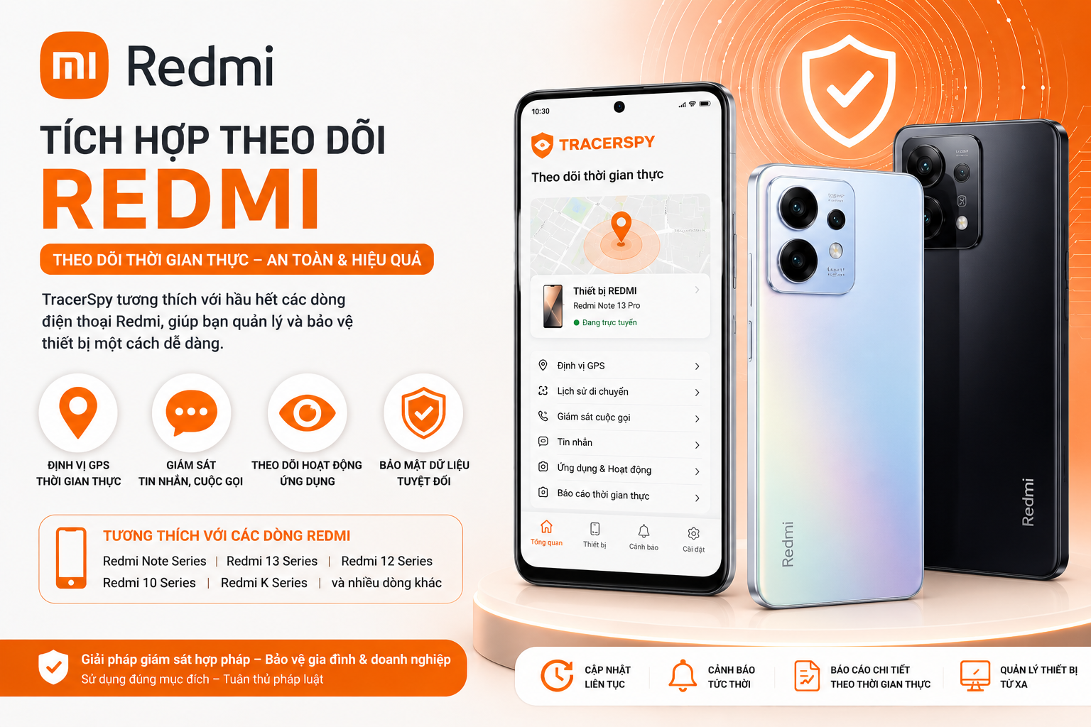 Tích hợp theo dõi Redmi bằng phần mềm TracerSpy tương thích nhiều dòng điện thoại Redmi.