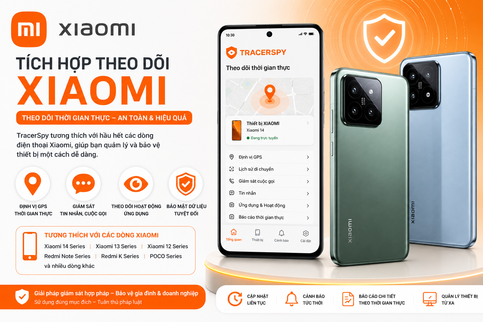 Tích hợp theo dõi Xiaomi bằng phần mềm TracerSpy tương thích nhiều dòng điện thoại Xiaomi.