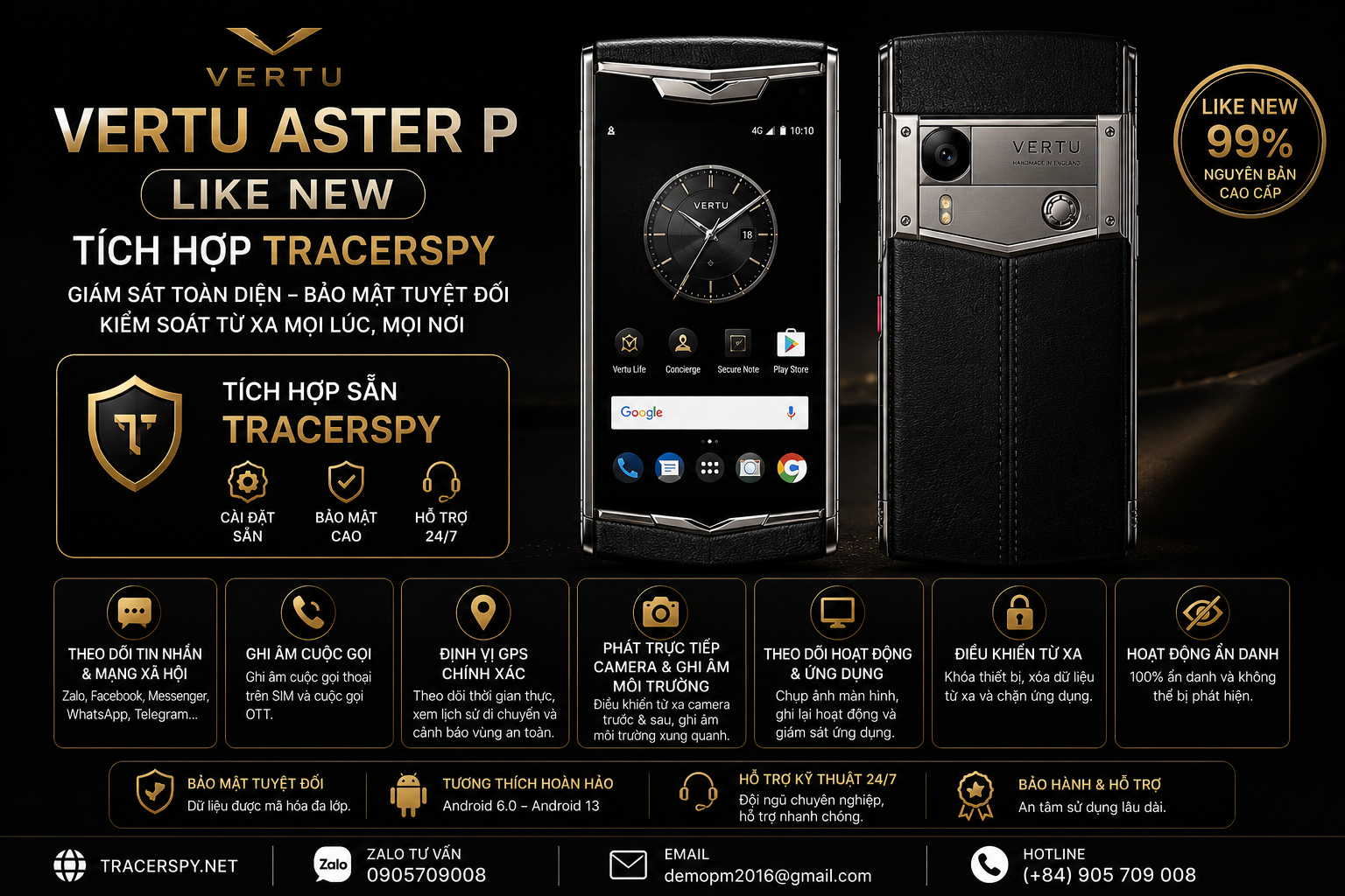 Vertu Aster P Like New tích hợp TracerSpy hỗ trợ theo dõi GPS và quản lý từ xa