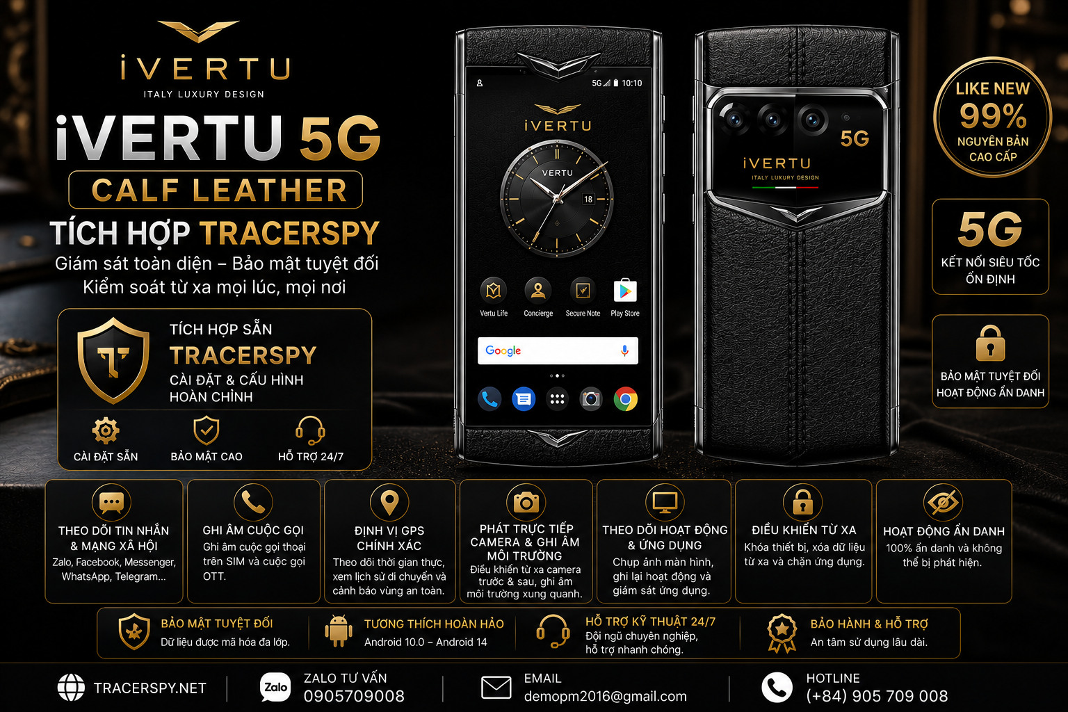 iVertu 5G Calf Leather tích hợp TracerSpy hỗ trợ theo dõi GPS và quản lý từ xa