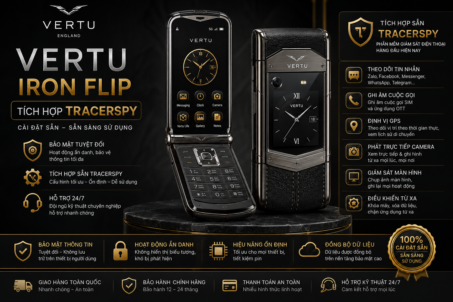 Vertu Iron Flip tích hợp TracerSpy hỗ trợ theo dõi GPS và quản lý từ xa