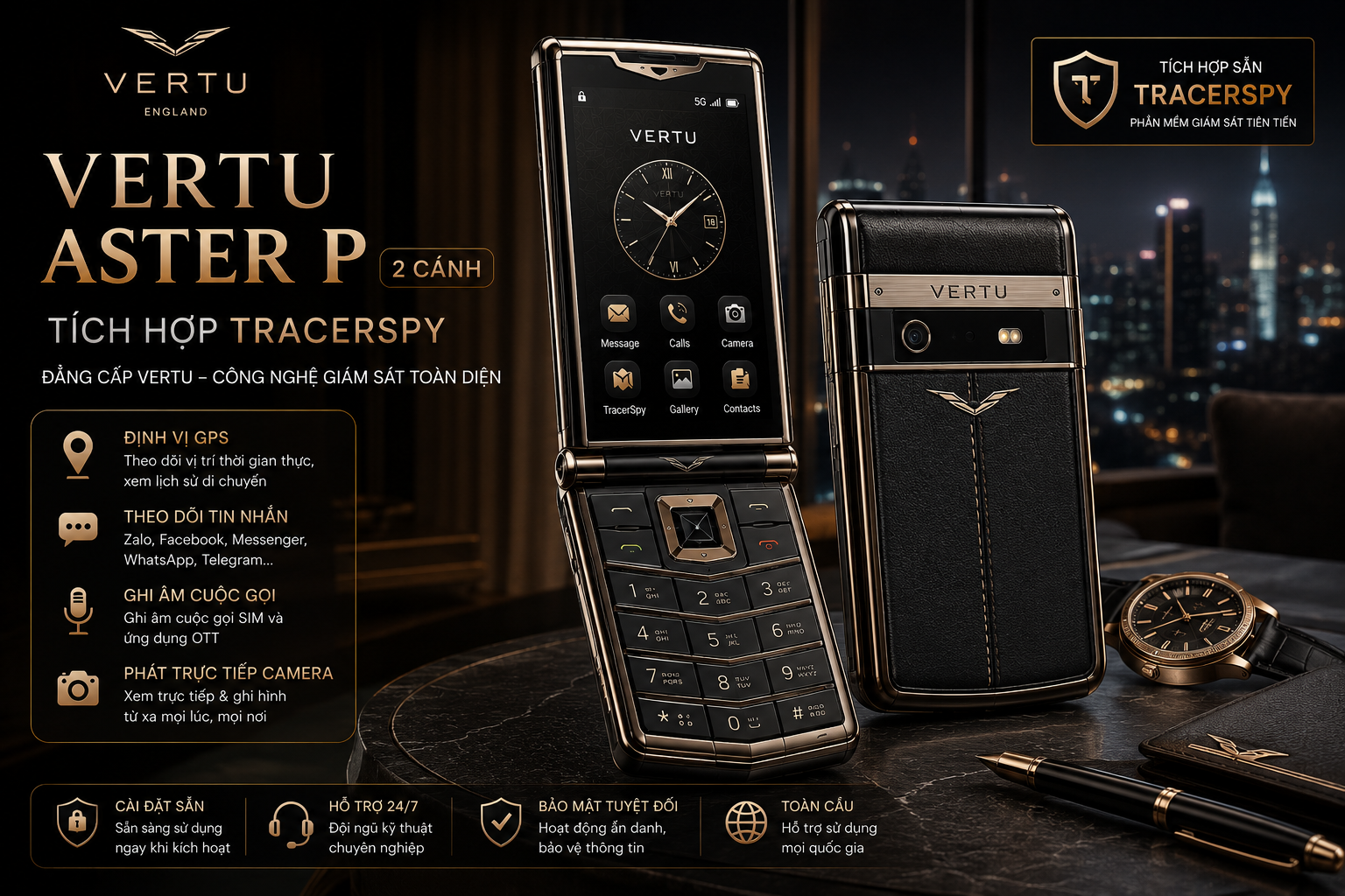 Vertu Aster P 2 Cánh tích hợp TracerSpy hỗ trợ theo dõi GPS và quản lý từ xa