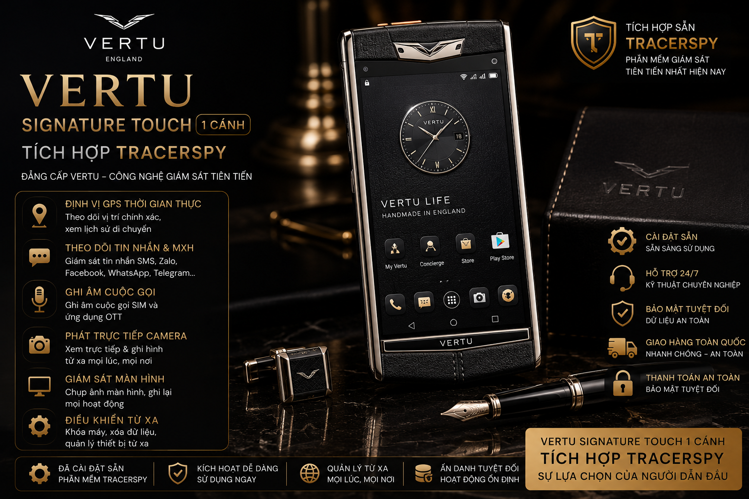 Vertu Signature Touch 1 Cánh tích hợp TracerSpy hỗ trợ theo dõi GPS và quản lý từ xa