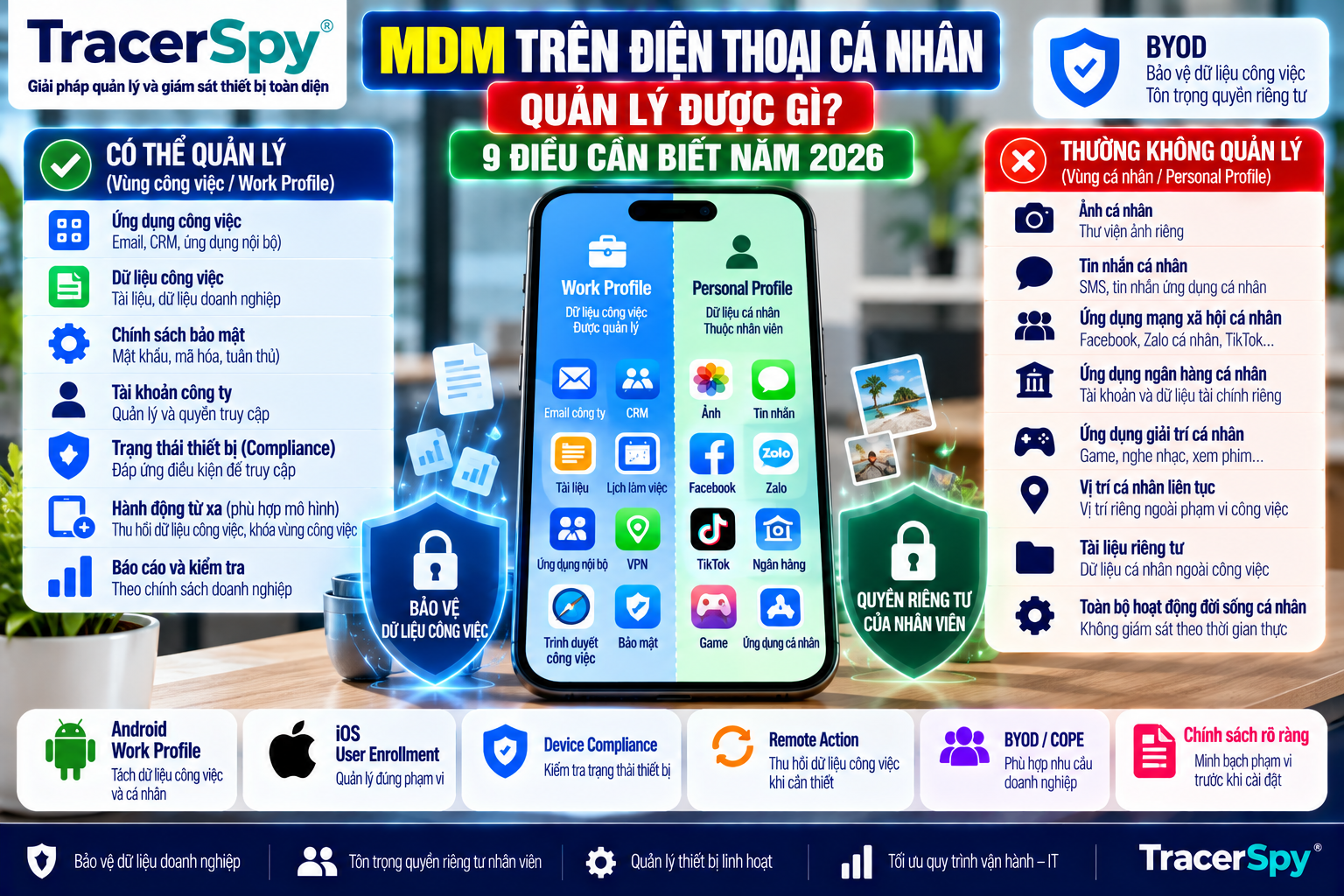 MDM cho BYOD sử dụng Work Profile để quản lý dữ liệu công việc trên điện thoại cá nhân, kiểm tra compliance và bảo vệ quyền riêng tư nhân viên