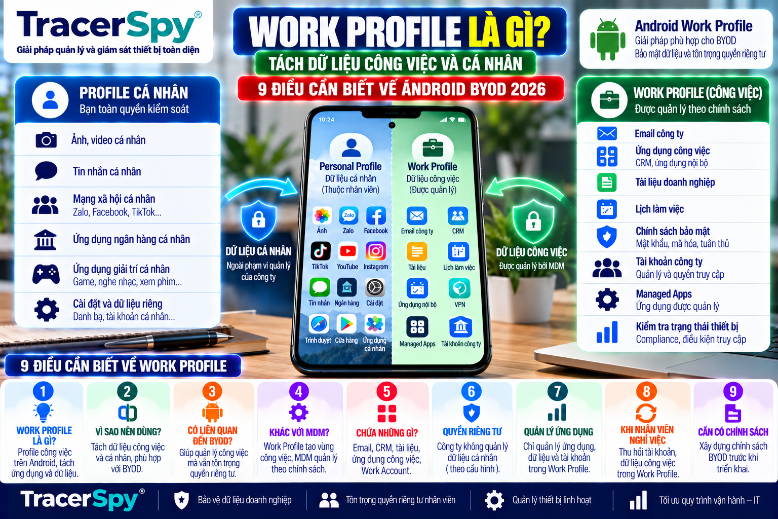 Android Work Profile cho BYOD và MDM giúp tách dữ liệu công việc và cá nhân, quản lý Work Apps và bảo vệ quyền riêng tư nhân viên