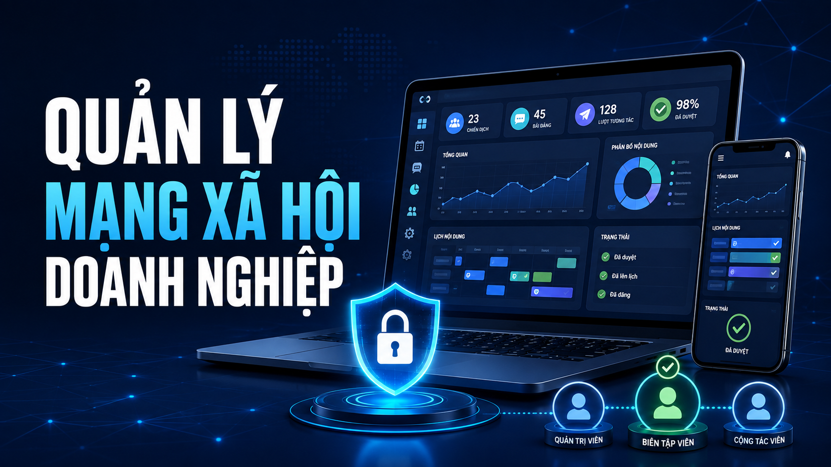 Quản lý mạng xã hội doanh nghiệp bằng hệ thống phân quyền, duyệt nội dung và bảo mật tài khoản.