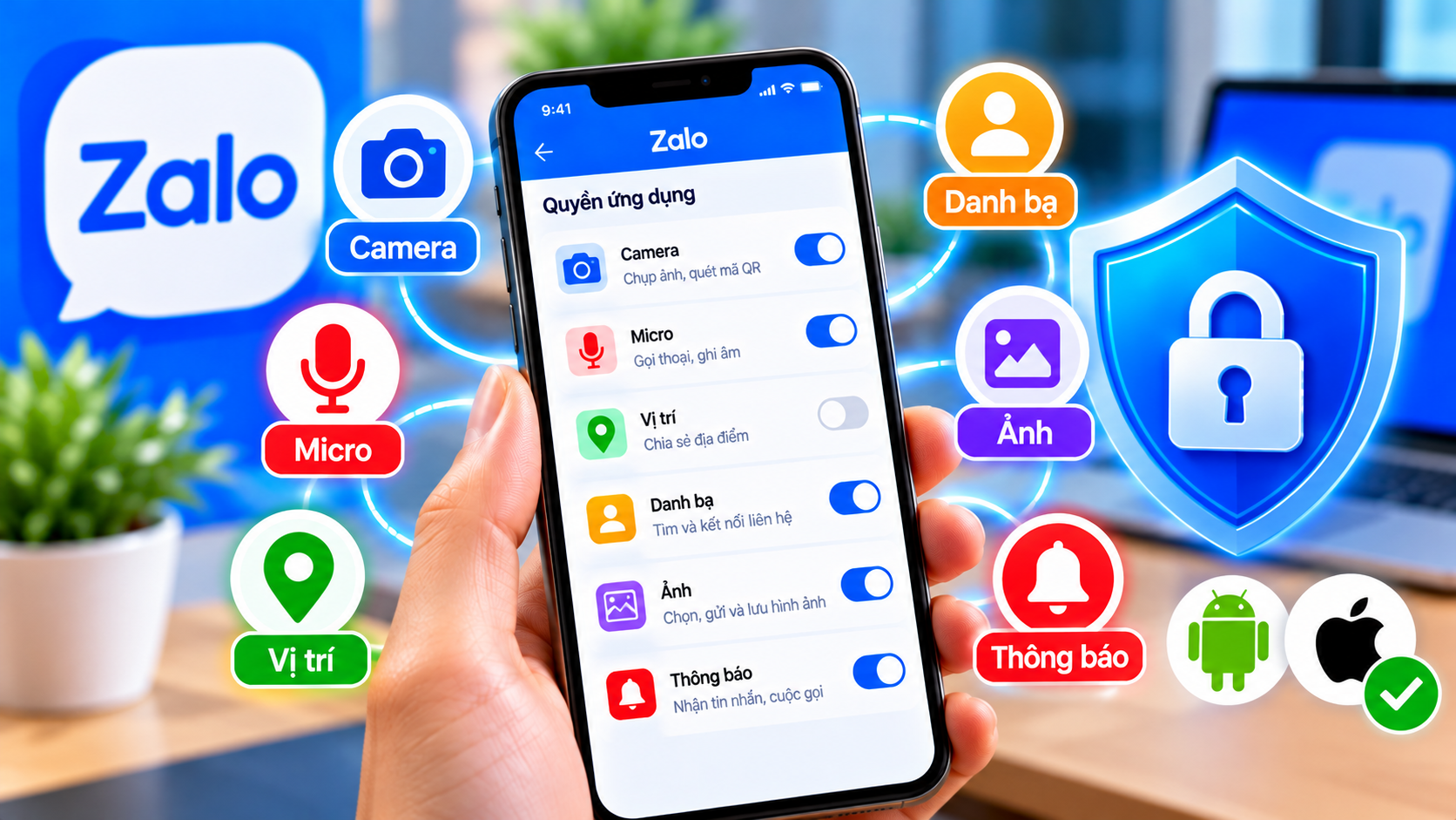 Quản lý quyền ứng dụng Zalo trên Android và iPhone, kiểm soát quyền camera, micro, vị trí, danh bạ, ảnh và thông báo để bảo vệ dữ liệu cá nhân.