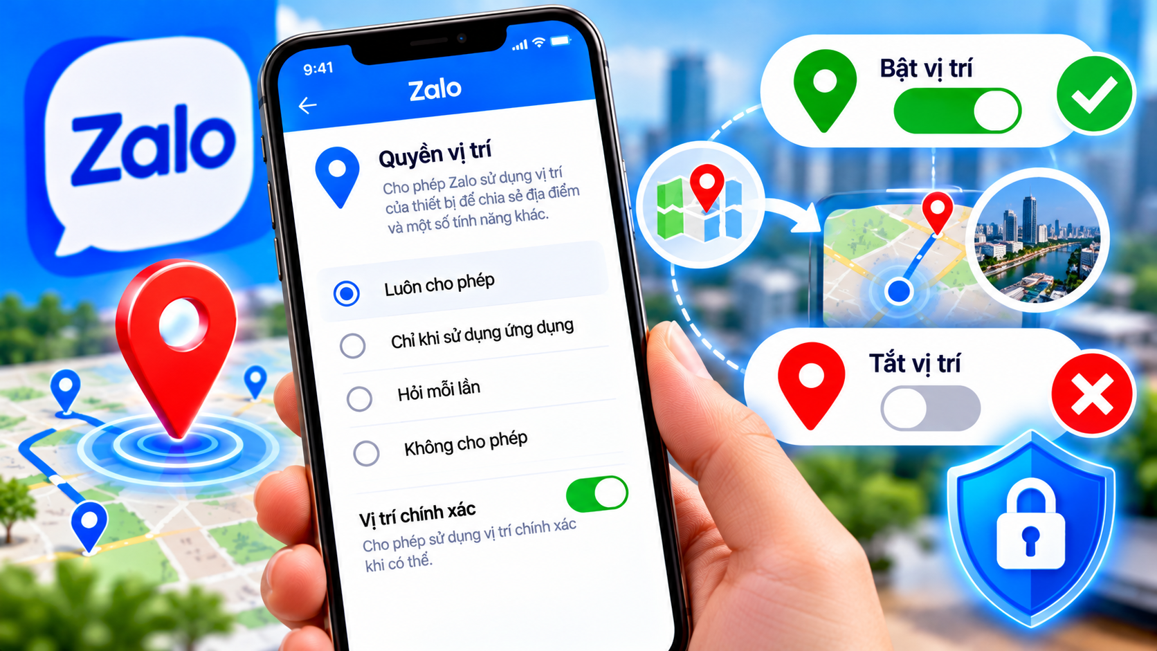 Quyền vị trí Zalo trên điện thoại, cách bật tắt định vị Zalo trên Android và iPhone, kiểm soát chia sẻ vị trí và bảo vệ quyền riêng tư.