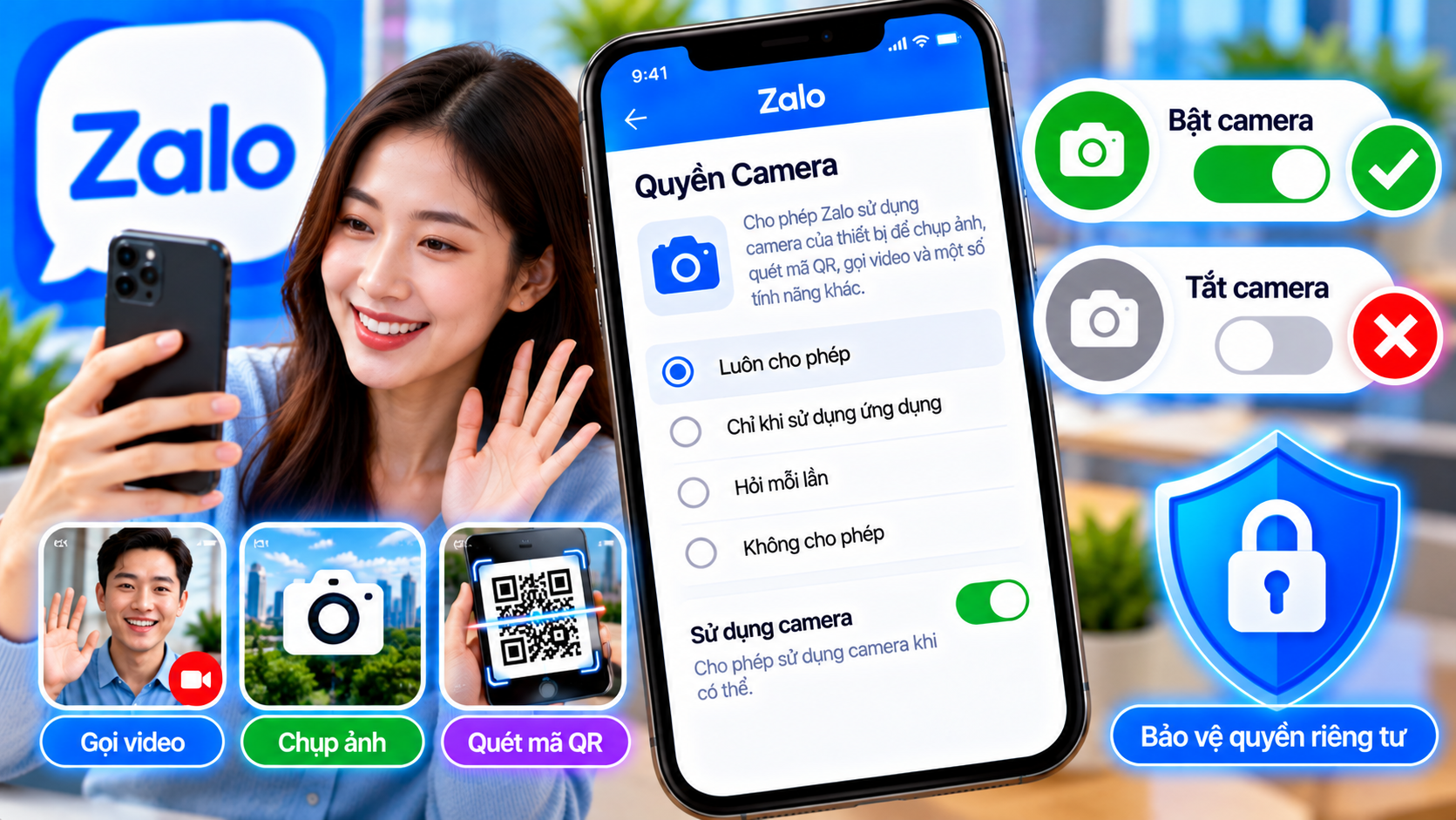 Quyền camera Zalo trên điện thoại Android và iPhone, hướng dẫn bật tắt camera Zalo, gọi video, chụp ảnh, quét mã QR và bảo vệ quyền riêng tư.