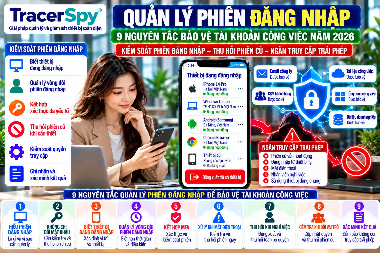 Kiểm soát phiên đăng nhập, thu hồi phiên đăng nhập và đăng xuất tài khoản từ xa giúp bảo vệ tài khoản công việc khi mất thiết bị hoặc nhân viên nghỉ việc