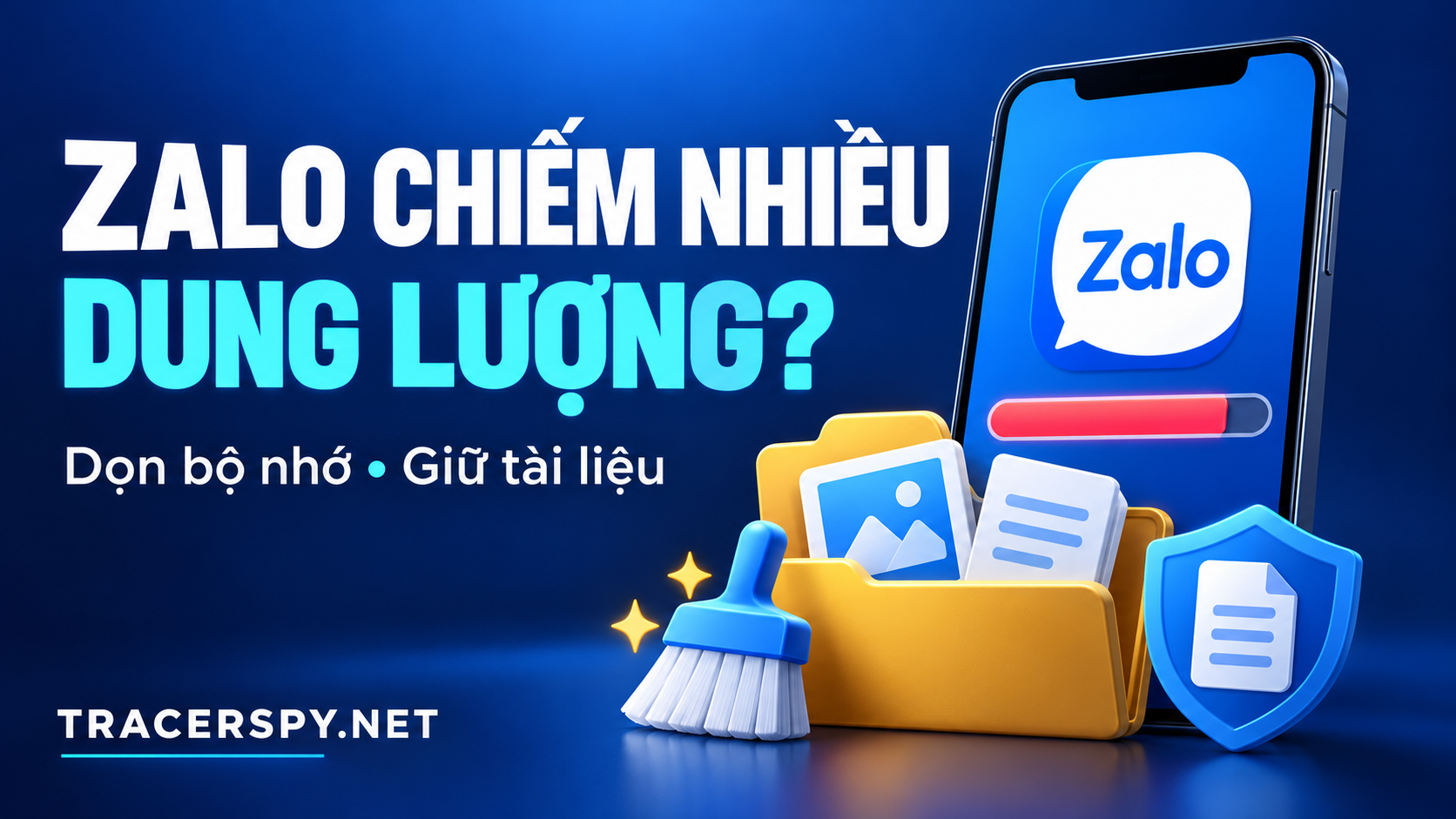 Zalo chiếm nhiều dung lượng, Điện thoại có biểu tượng Zalo và thanh dung lượng gần đầy, cạnh thư mục, chổi dọn bộ nhớ, khiên bảo vệ tài liệu và thương hiệu TracerSpy.