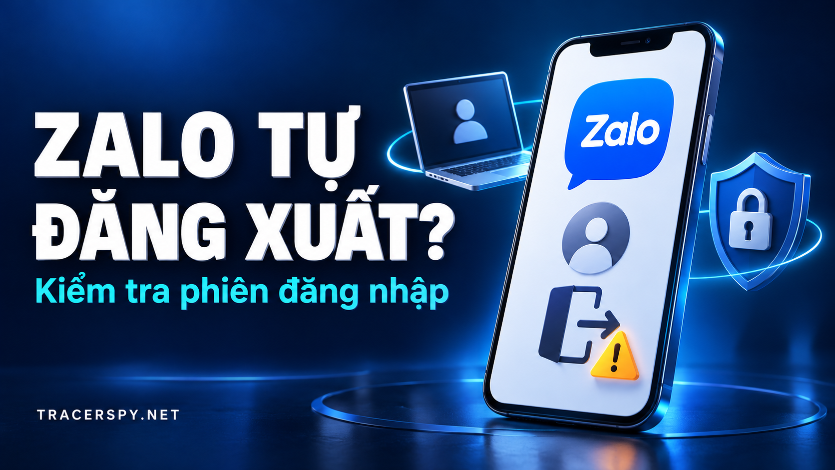 Zalo tự đăng xuất: Kiểm tra tài khoản , Điện thoại Zalo có biểu tượng đăng xuất và cảnh báo, cạnh máy tính và khiên bảo mật trên nền xanh đậm. cùng TracerSpy