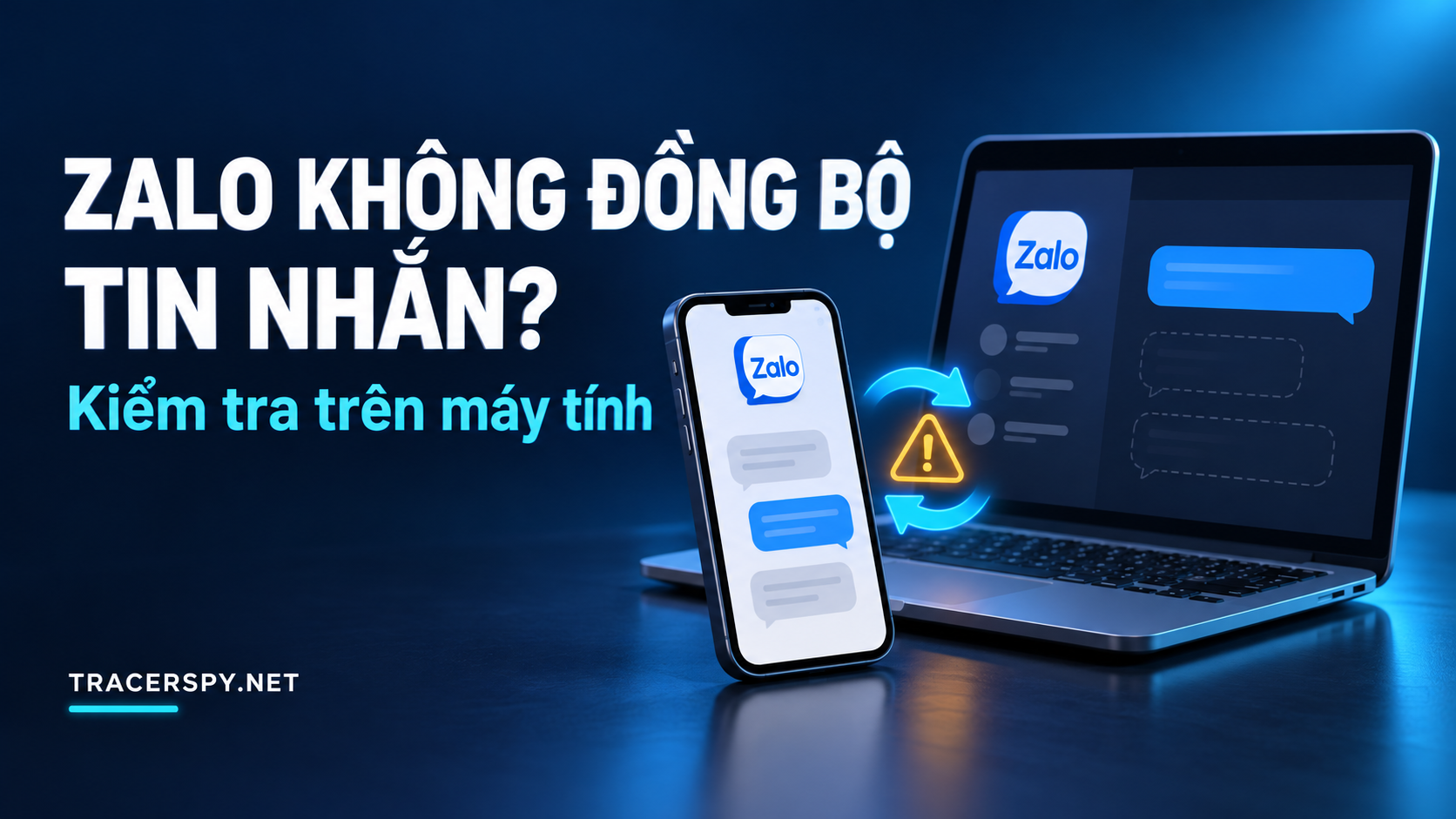 Zalo không đồng bộ tin nhắn trên máy tính: Kiểm tra cùng TracerSpy. Điện thoại và máy tính hiển thị tin nhắn Zalo khác nhau, cạnh biểu tượng đồng bộ lỗi trên nền xanh đậm.