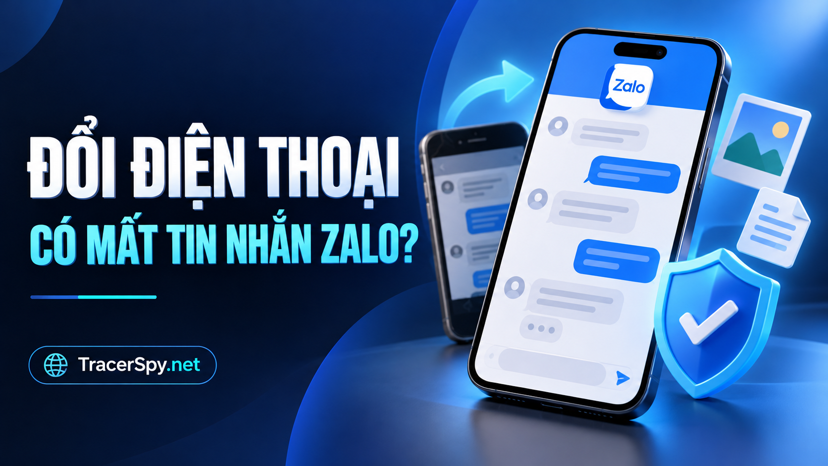 Đổi điện thoại có mất tin nhắn Zalo không? Điện thoại cũ và mới cùng biểu tượng tin nhắn, ảnh, tài liệu và lá chắn minh họa bảo vệ dữ liệu Zalo khi đổi máy.