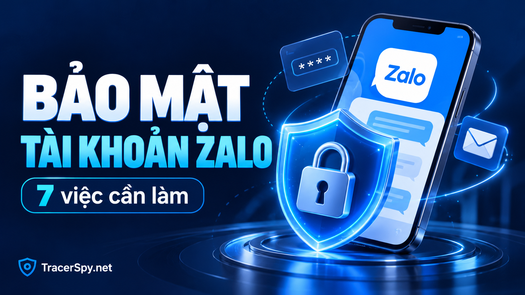 Bảo mật tài khoản Zalo: 7 việc cần làm, Ảnh bảo mật tài khoản Zalo với điện thoại, lá chắn khóa, biểu tượng mật khẩu và email trên nền xanh đậm.